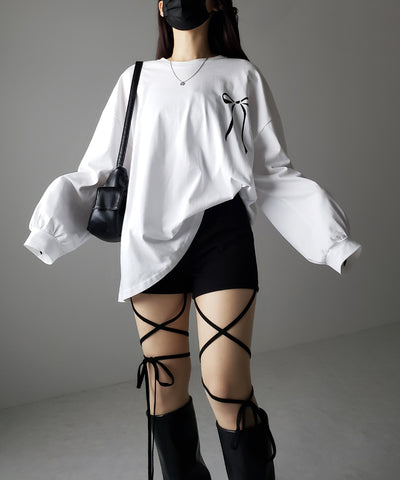 【 セルフカット調節可能 】クロスストラップリボンバイカーレギンスパンツ / cross strap ribbon biker leggings pants