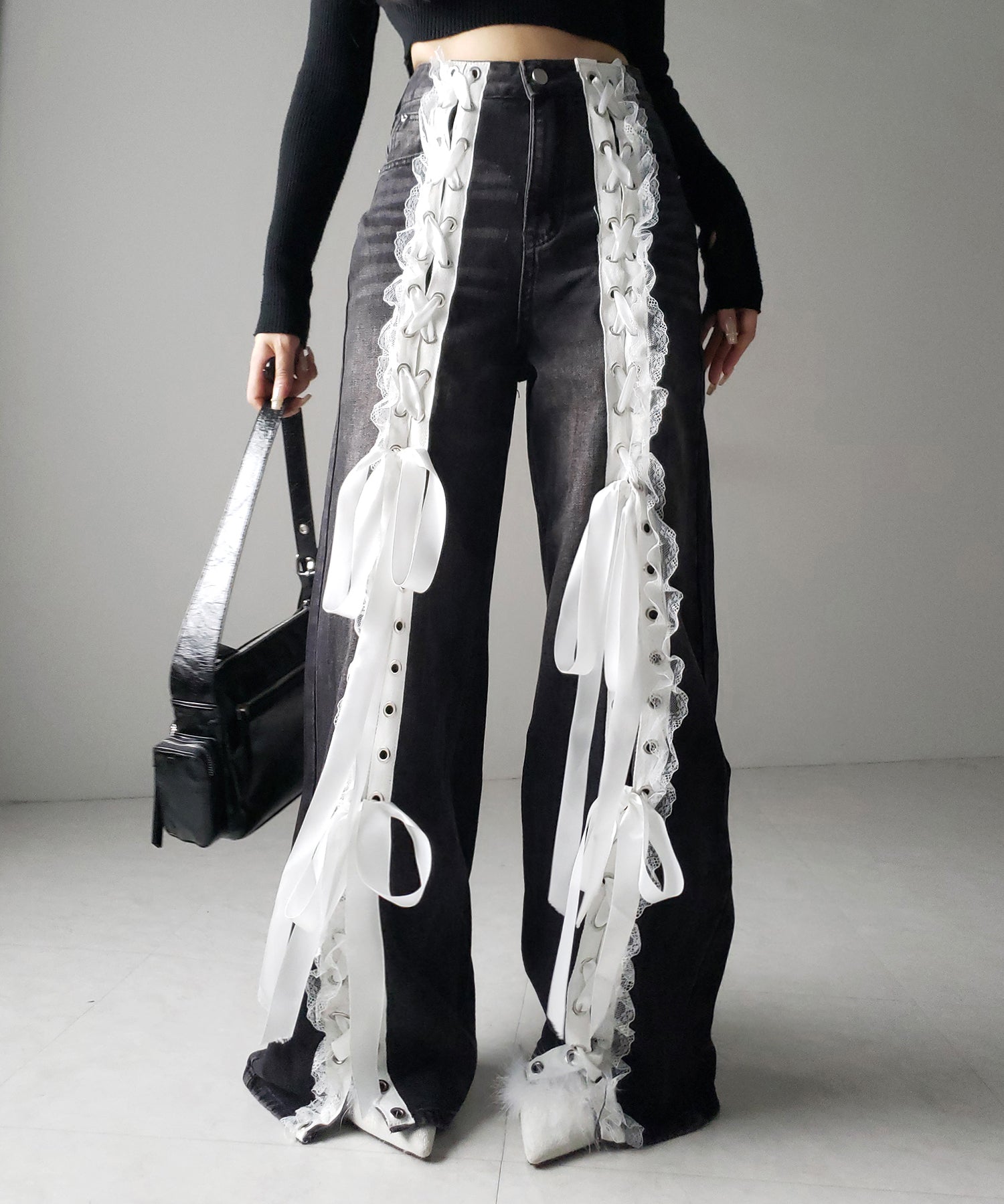 サテンリボンレースアップワイドデニムパンツ / satin ribbon lace up wide denim pants
