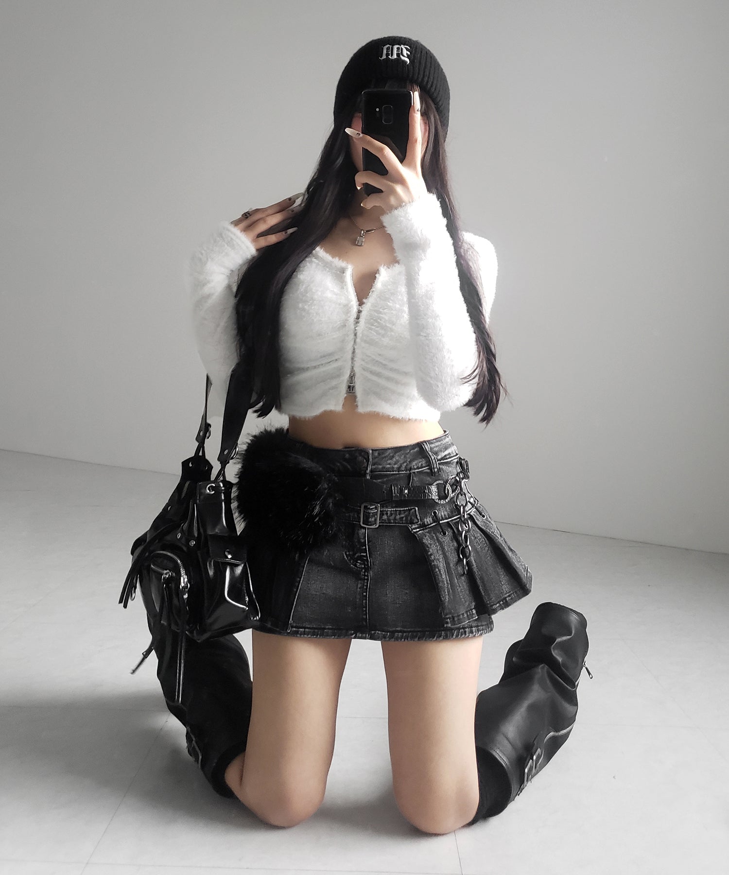 【 インパン裏地付 】ベルテッドマイクロプリーツデニムミニスカパン / belted micro pleats denim skirt pants