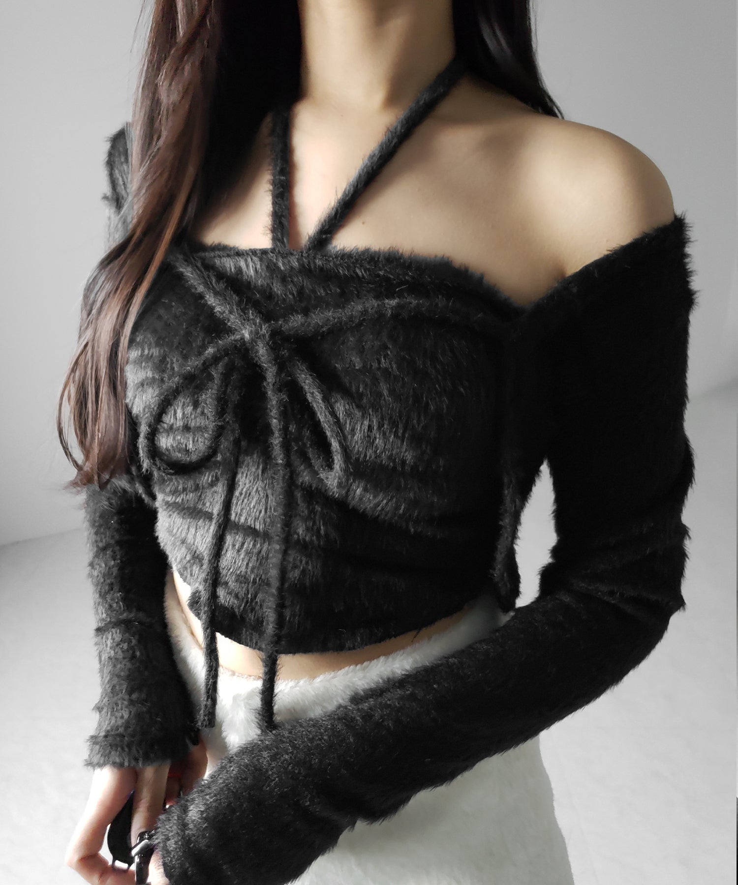 【 2点セット 】シャギーリボンベアトップス & ショートシャギーカーディガン SET / Shaggy ribbon bare tops & short shaggy cardigan