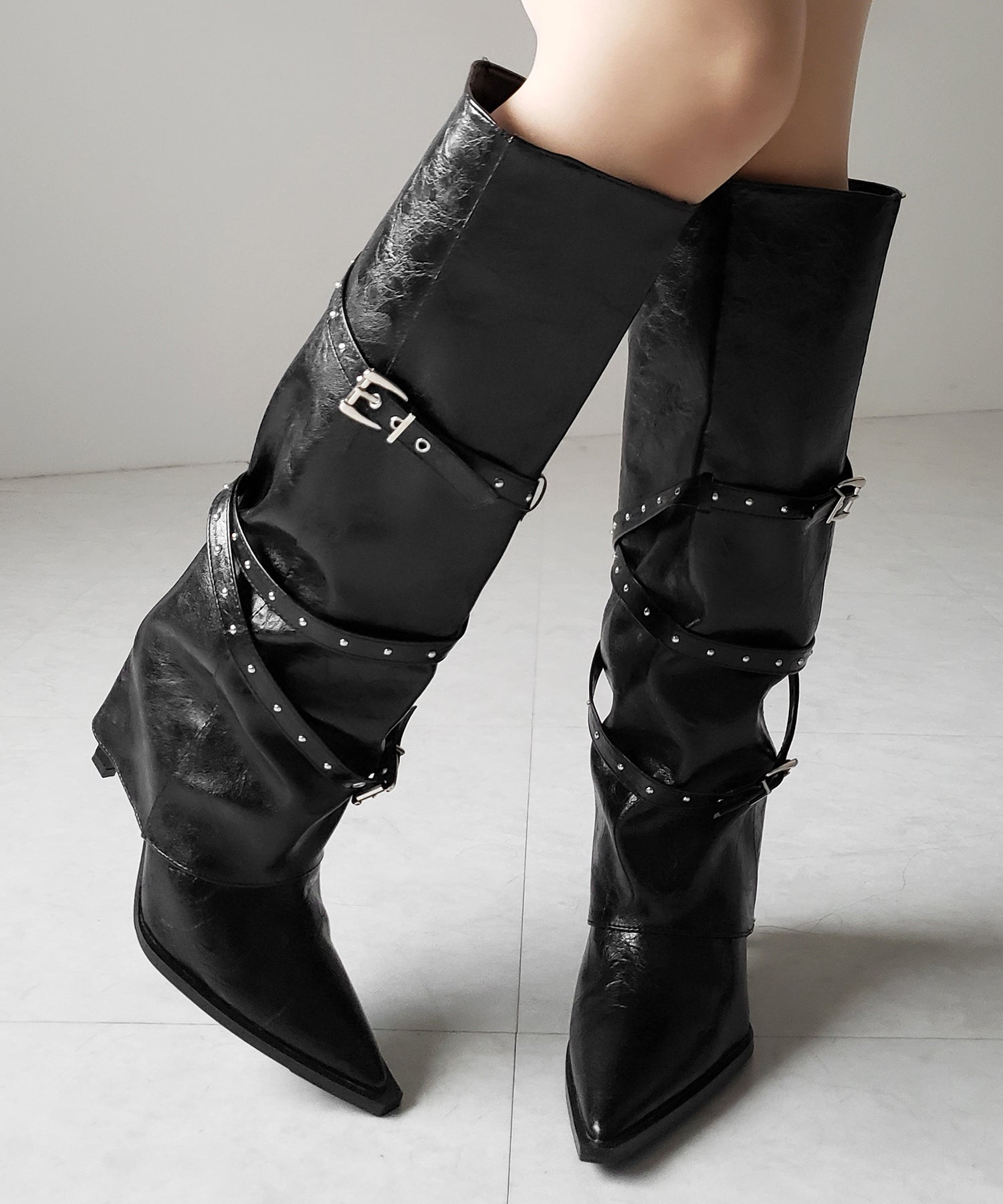 ヴィンテージレザーベルテッドロングカバーブーツ /vintage leather belted long cover boots