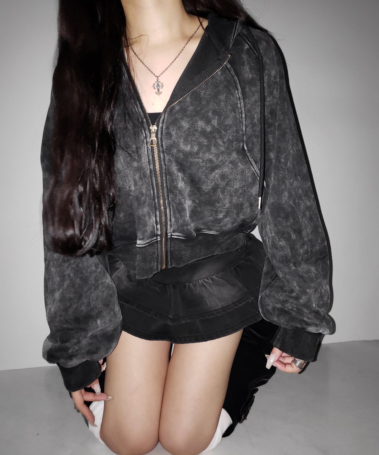 【 2color 】ベルテッドフリルヴィンテージデニムミニスカパン / Belted frill vintage denim mini skirt pants