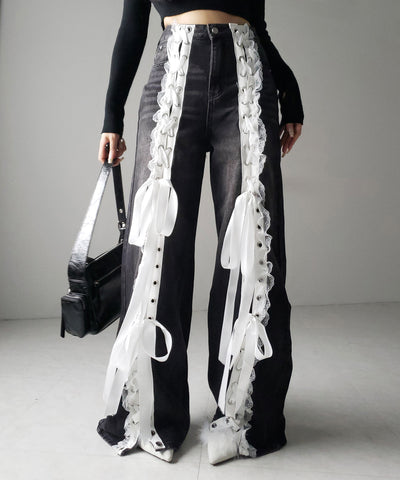 サテンリボンレースアップワイドデニムパンツ / satin ribbon lace up wide denim pants