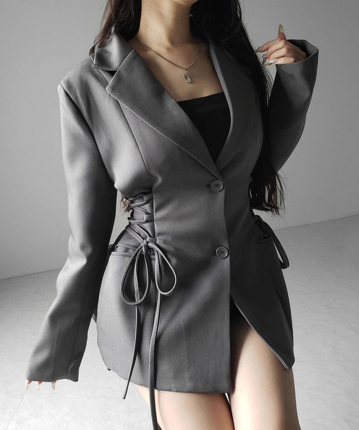 レースアップリボンスリムテーラードジャケット / lace-up ribbon slim tailored jacket