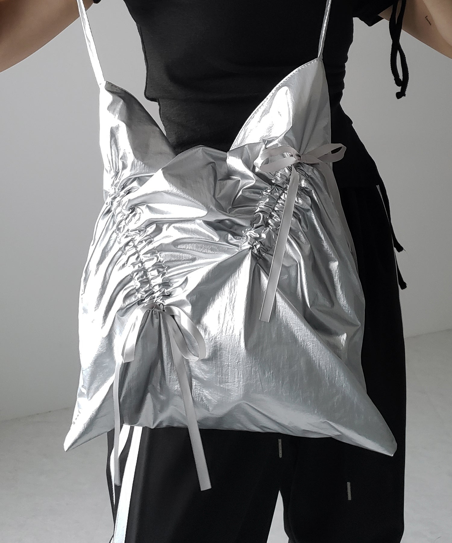 【 2color 】シャーリングリボンメタリックトートバッグ / shirring ribbon metallic tote bag