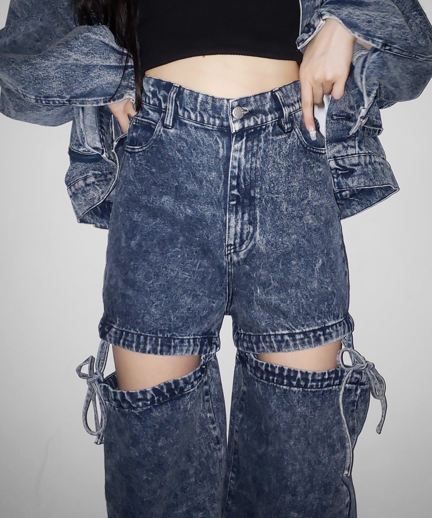 【 セットアップ着用可能 】2WAYヴィンテージケミカルブリーチカットアウトリボンデニム / 2WAY vintage chemical bleach cutout ribbon denim