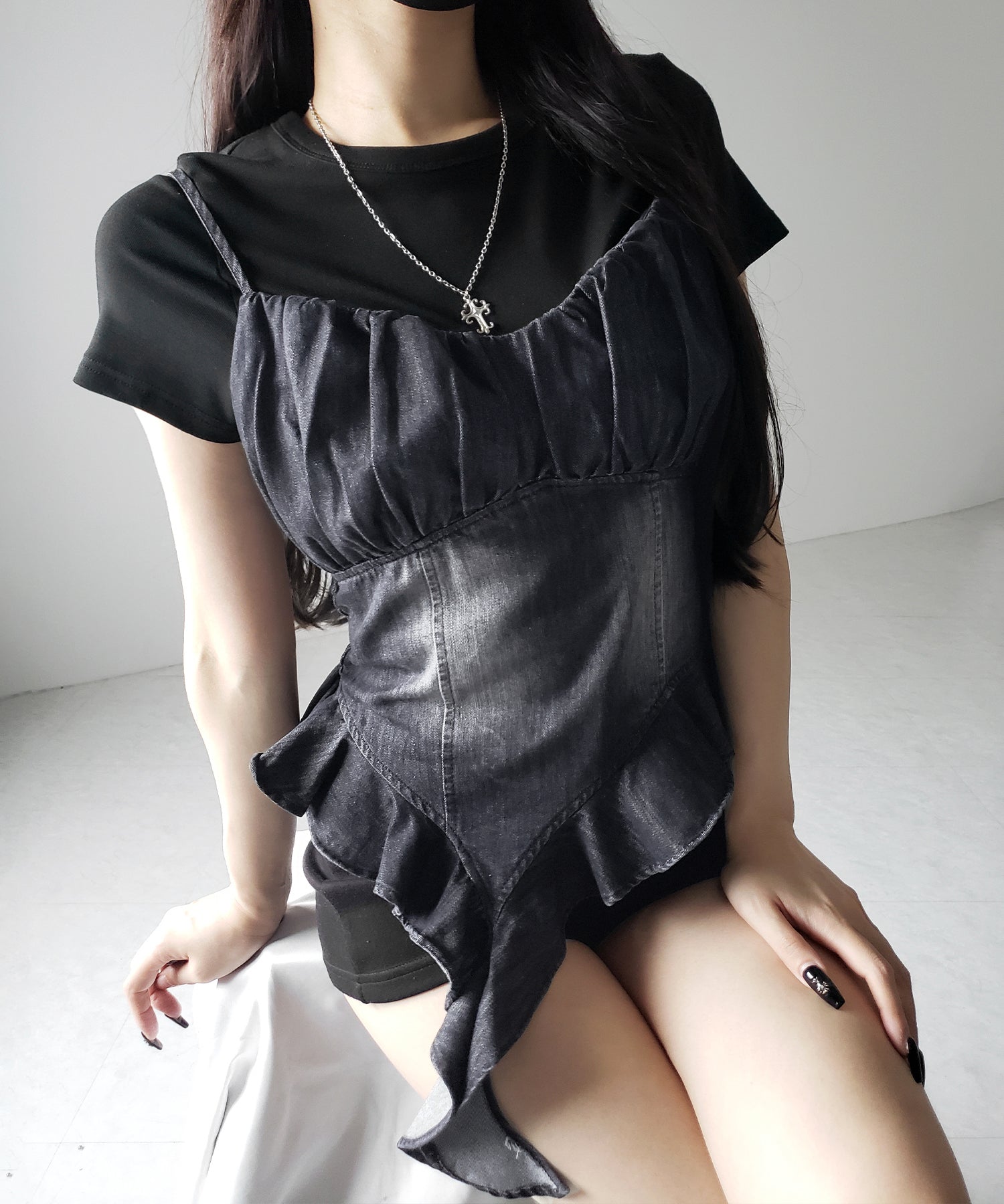 【 2点セット 】ヴィンテージデニムビスチェ & 半袖レイヤードTシャツセット / vintage denim bustier & short sleeve layered T-shirts set