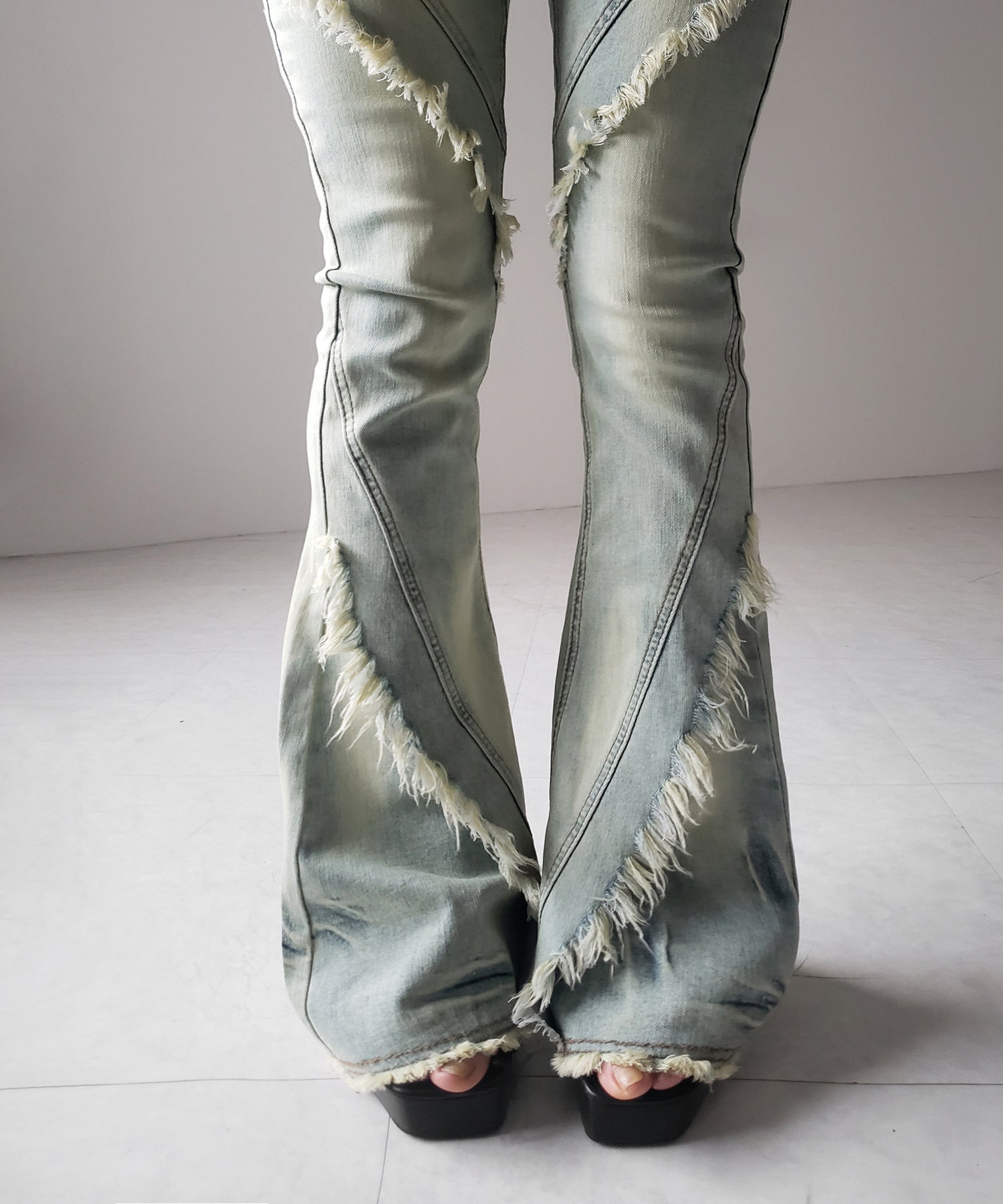 【 2color / 4size 】フリンジデザインヴィンテージライクストレッチフレアデニム / fringe design vintage-like stretch flare denim