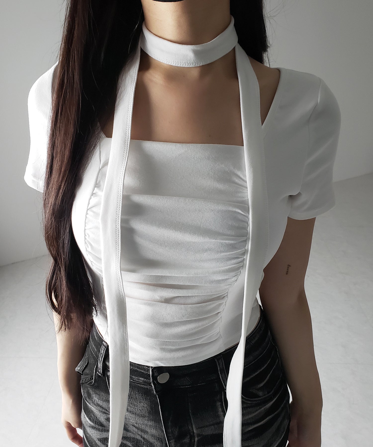 【 2WAY 】チョーカーロングタイ付き スクエアネックギャザースリムTシャツ / choker long tie SET square neck gather slim sleeve T-shirt