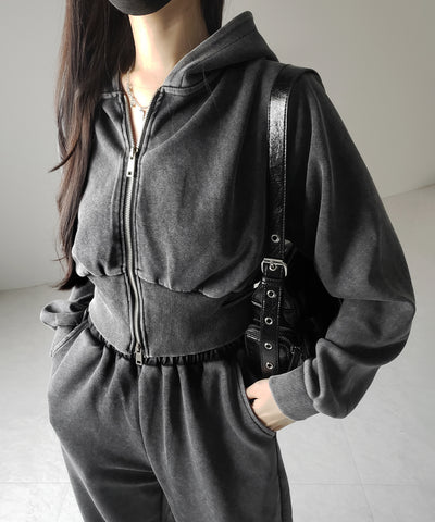 【 セットアップ 】ピグメントヴィンテージショートパーカー + ワイドパンツ SET / pigment vintage short hoodie + wide pants SET
