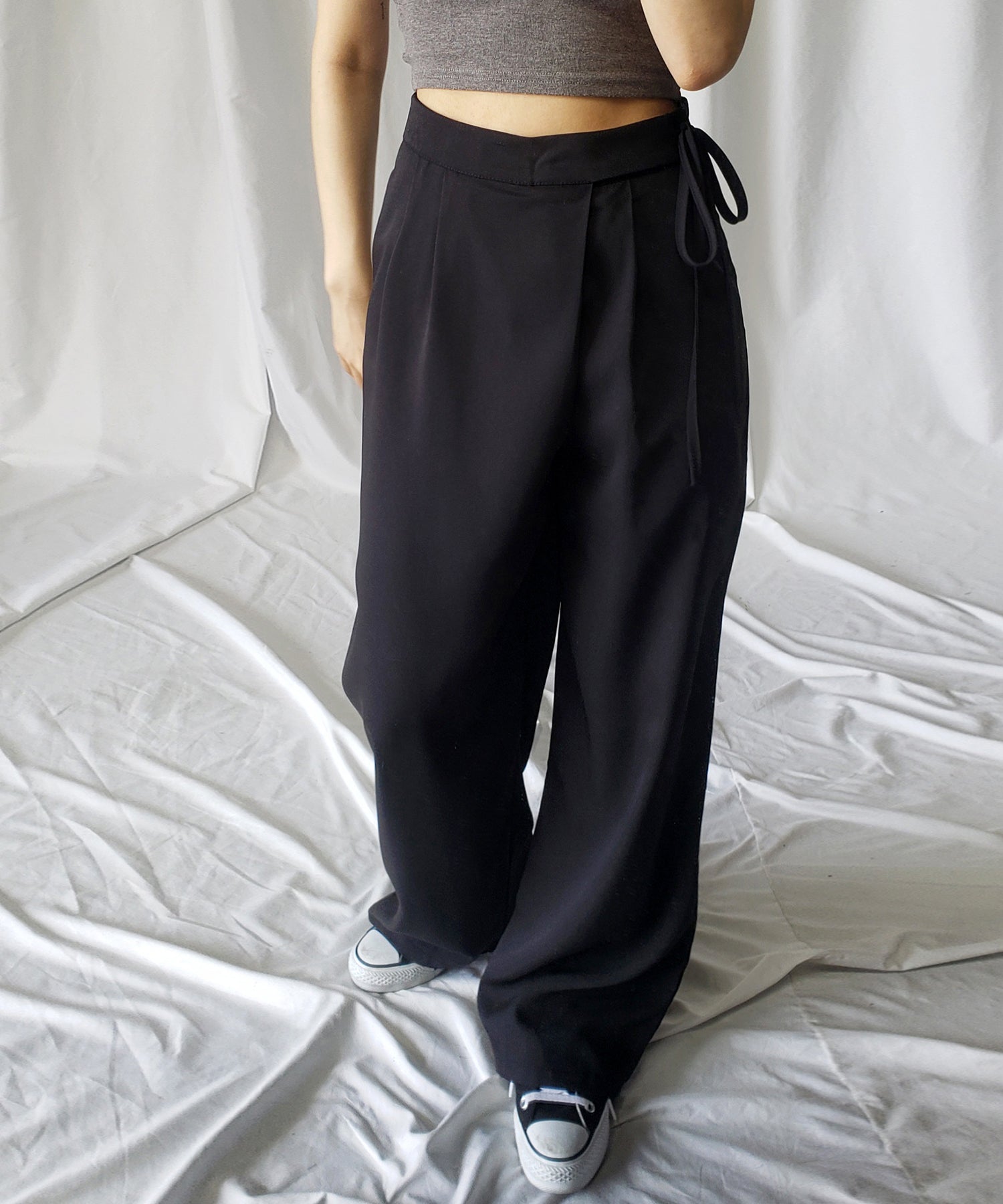 【 3color / 3size 】華奢サイドリボンツータックスラックス
