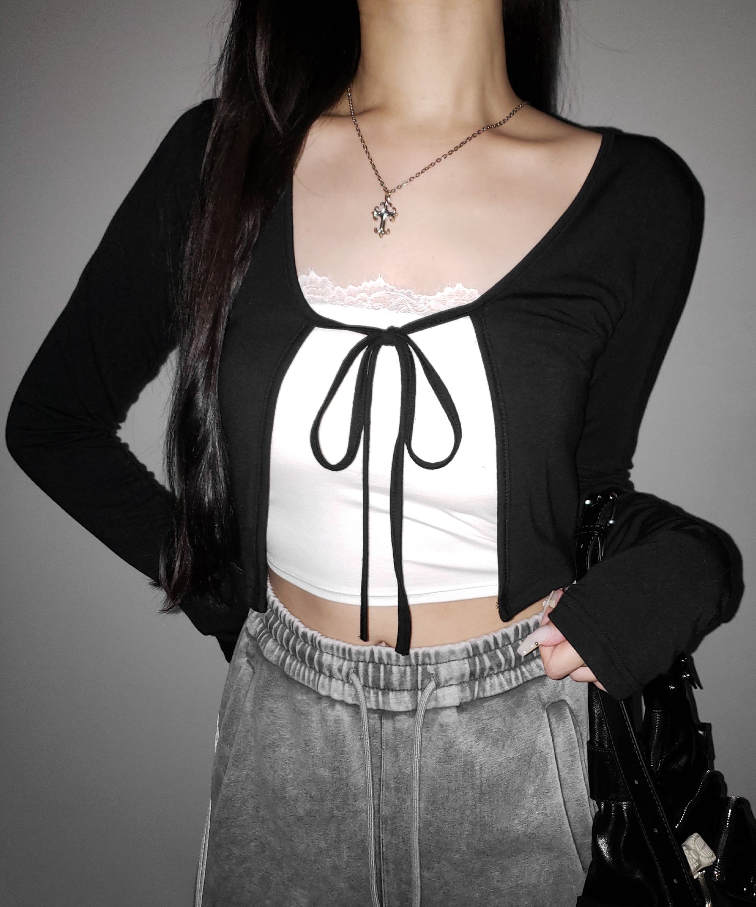【 2color 】フロントリボンカットソーショートカーディガン / front ribbon cutsew short cardigan