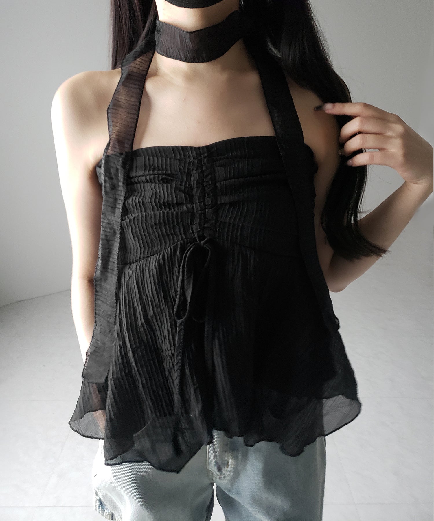 【 チョーカータイ付 】シャーリングリボンペプラムシフォンビスチェトップス / choker tie set shirring ribbon peplum chiffon bustier tops