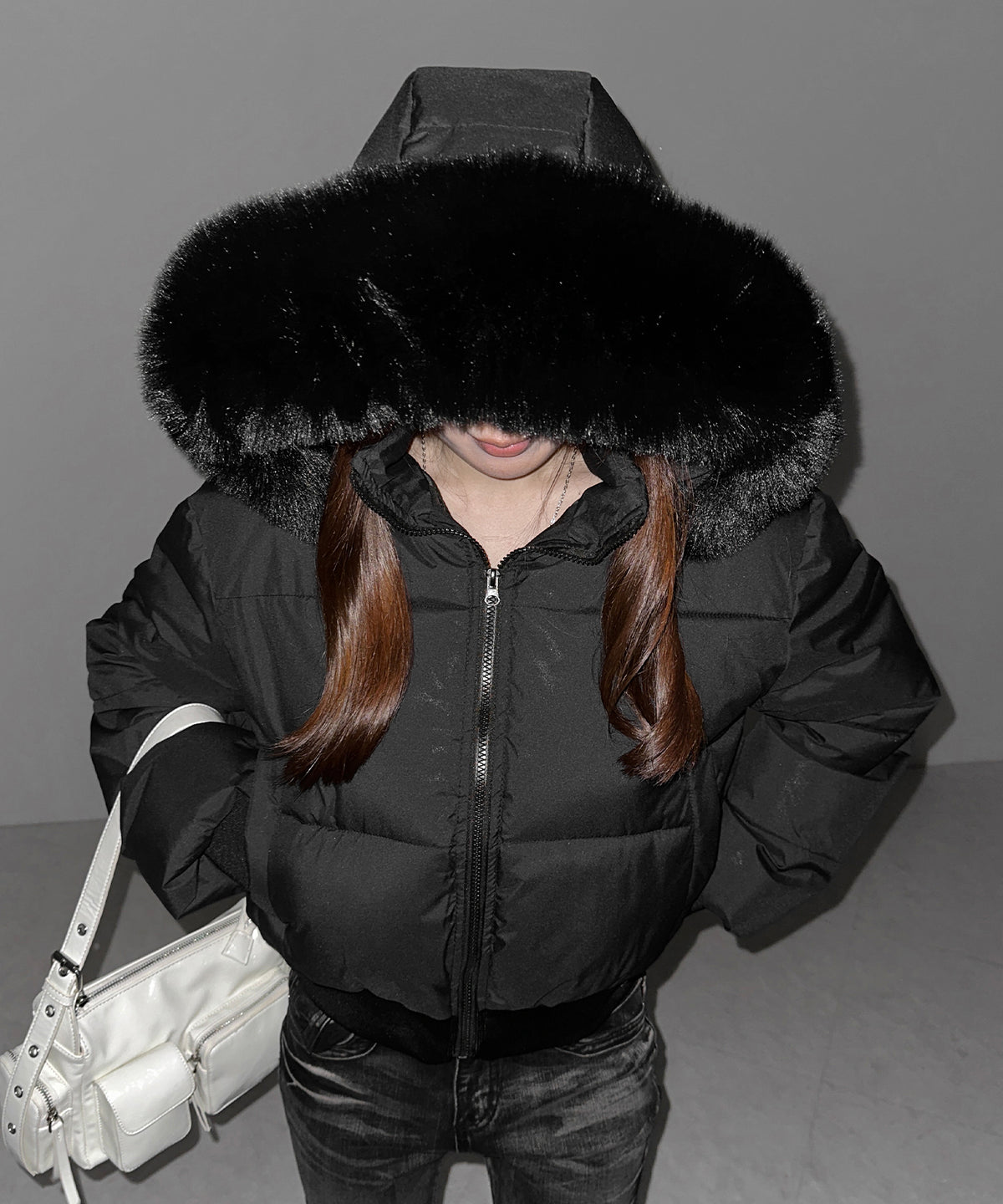 【 フード取り外し可能2WAY 】フェイクファーフードショート中綿ジャケット / 2WAY fake fur hoodie short fake down jacket