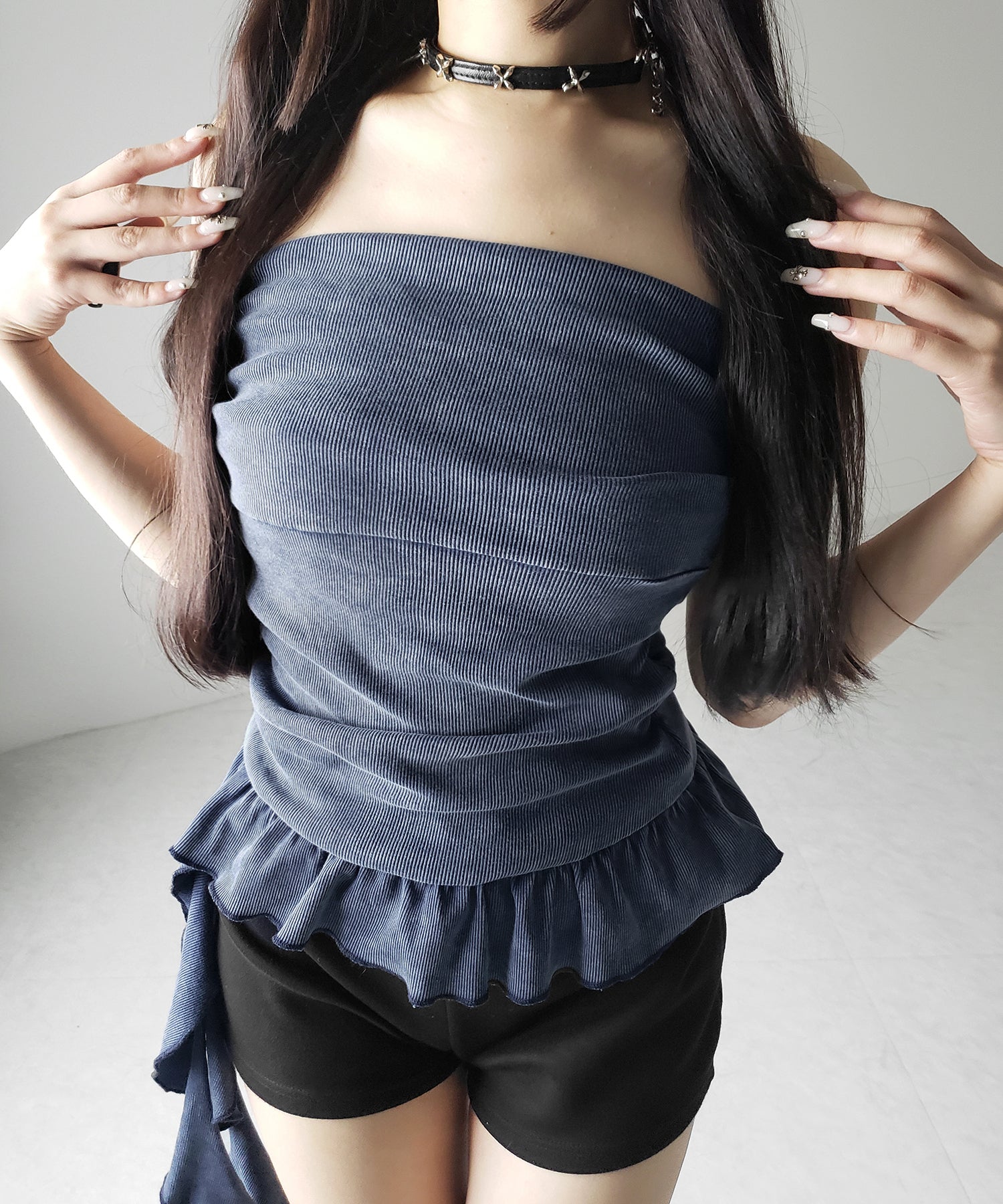【 2color 】ヴィンテージピグメントフリルベアトップス / vintage pigment frill bare tops