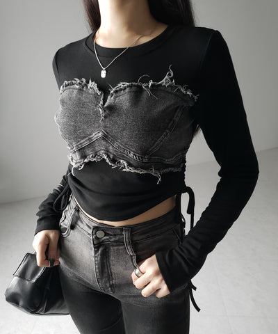 サイドリボンダメージデニムドッキングTシャツ / side ribbon damage denim docking Tee