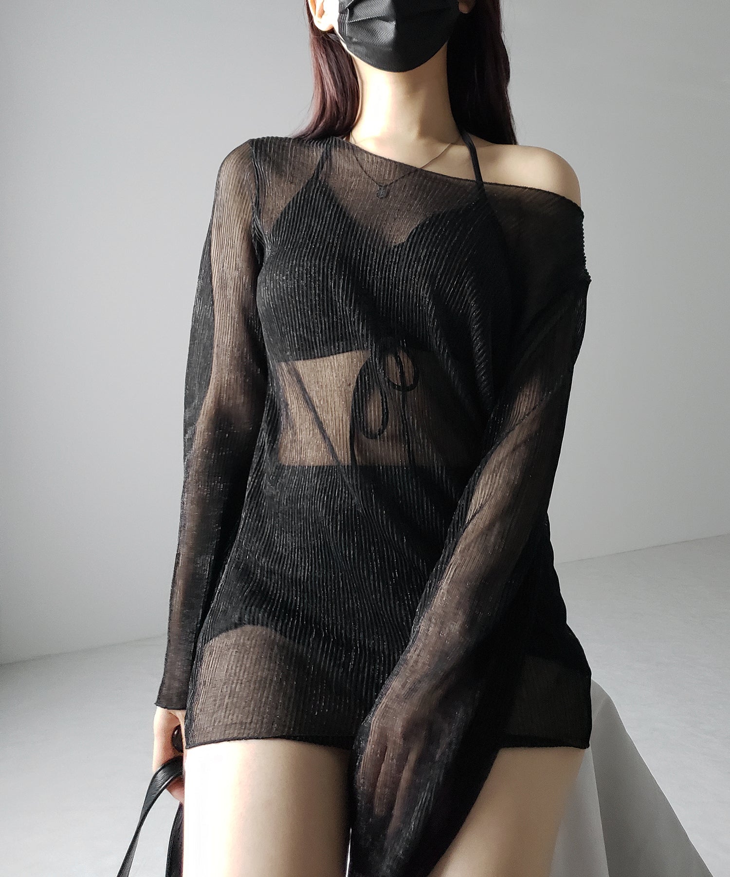 【 レディース水着/3点セット 】シアートップス付き フロントリボンホルターネックハイウエストビキニ / sheer tops set front ribbon halter neck high waist bikini
