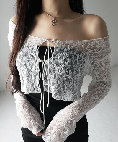 ダブルストラップリボンショートレースカーディガン /double strap ribbon short lace cardigan