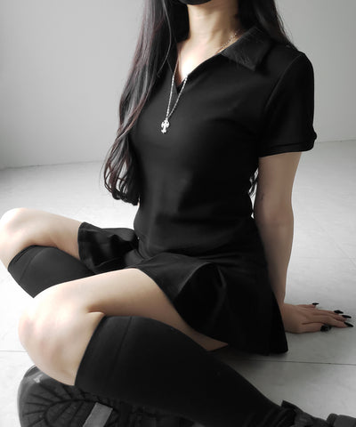 【 2点セット 】スキッパーネック半袖Tシャツ & プリーツミニスカート ワンホンセットアップ / skipper neck short sleeve T-shirt & pleated mini skirt wanghong setup