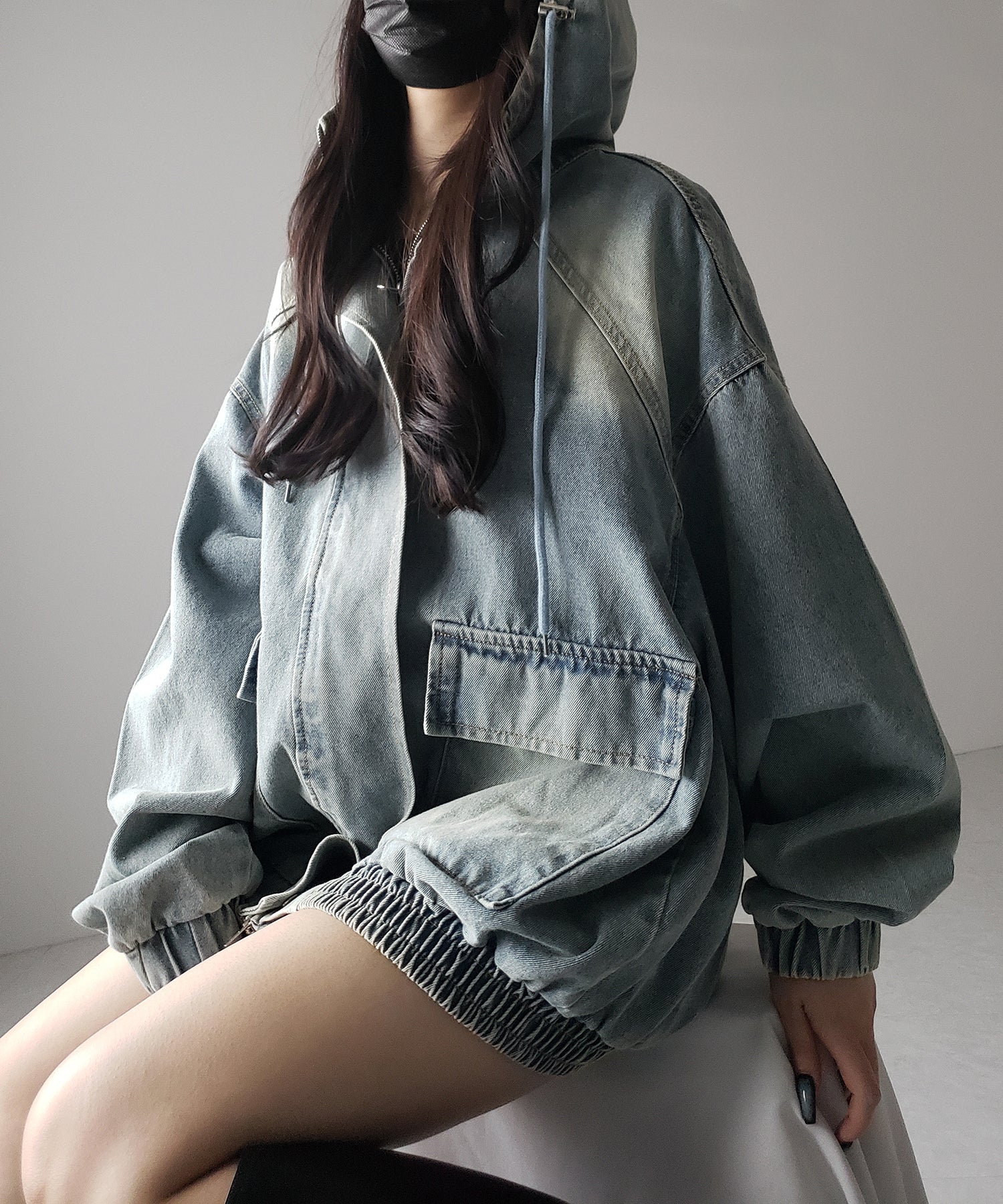 【 2color 】ヴィンテージデニムダブルジップフードブルゾン / vintage denim double zip hoodie blouson