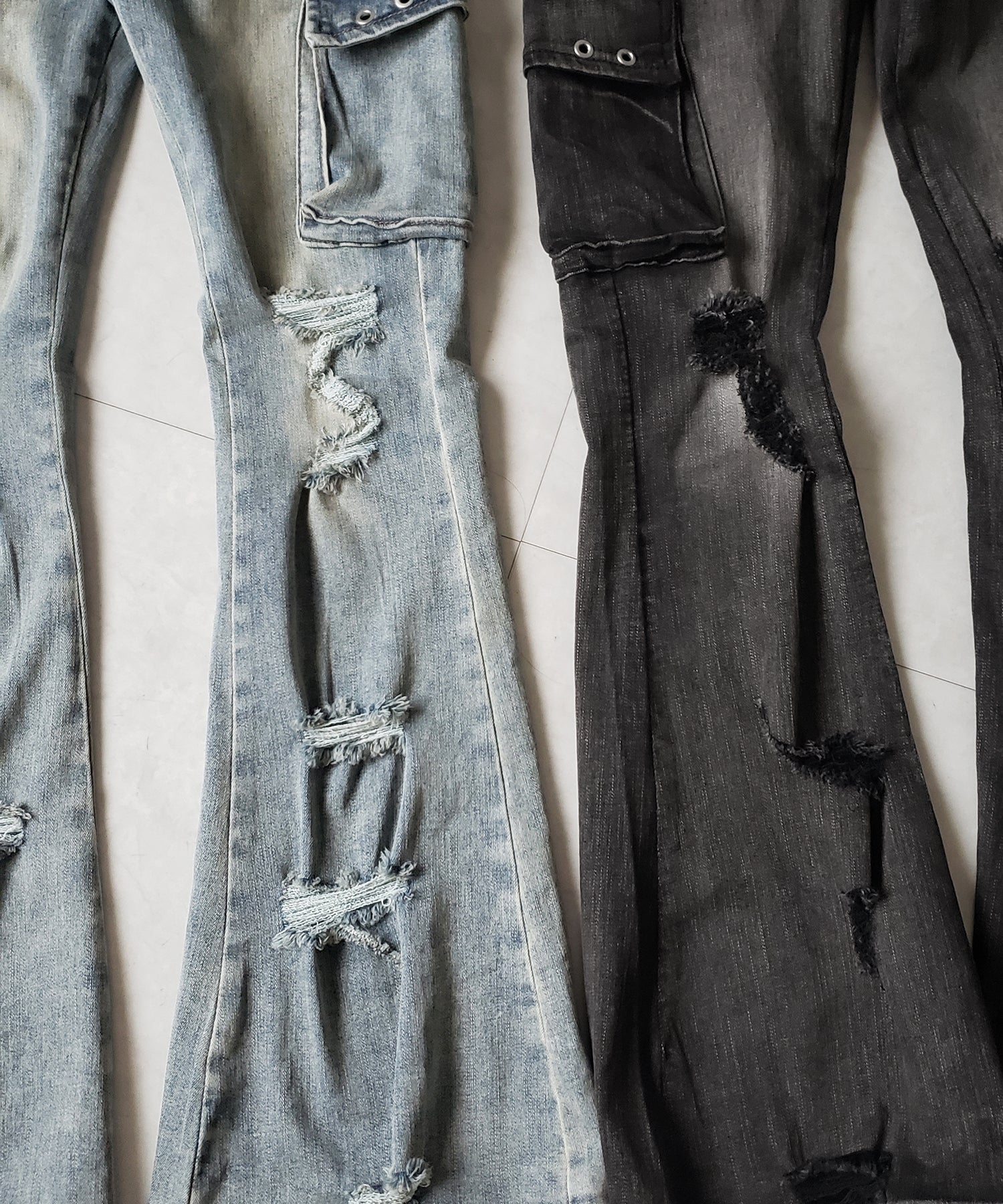 【 2color / 4size 】カーゴデザインヴィンテージライクダメージストレッチフレアデニム / cargo design vintage-like damage stretch flare denim