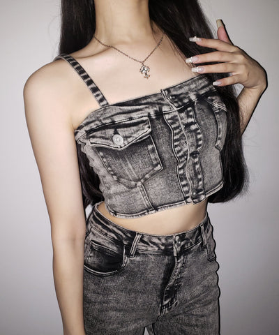 【 セットアップ 】ヴィンテージライクデニムビスチェ + ストレッチフレアデニム SET / 【 SET UP 】 vintage like denim bustier + stretch flare denim