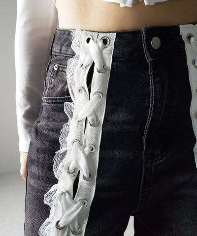 サテンリボンレースアップワイドデニムパンツ / satin ribbon lace up wide denim pants