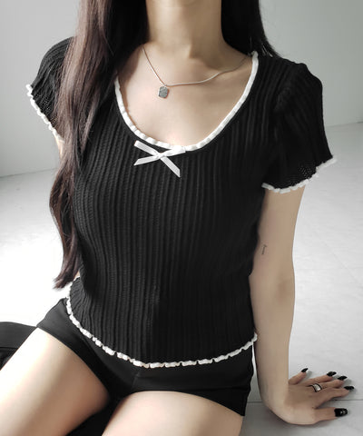 ミニリボンオープンネック半袖ニットトップス / mini ribbon open neck short sleeve knit tops