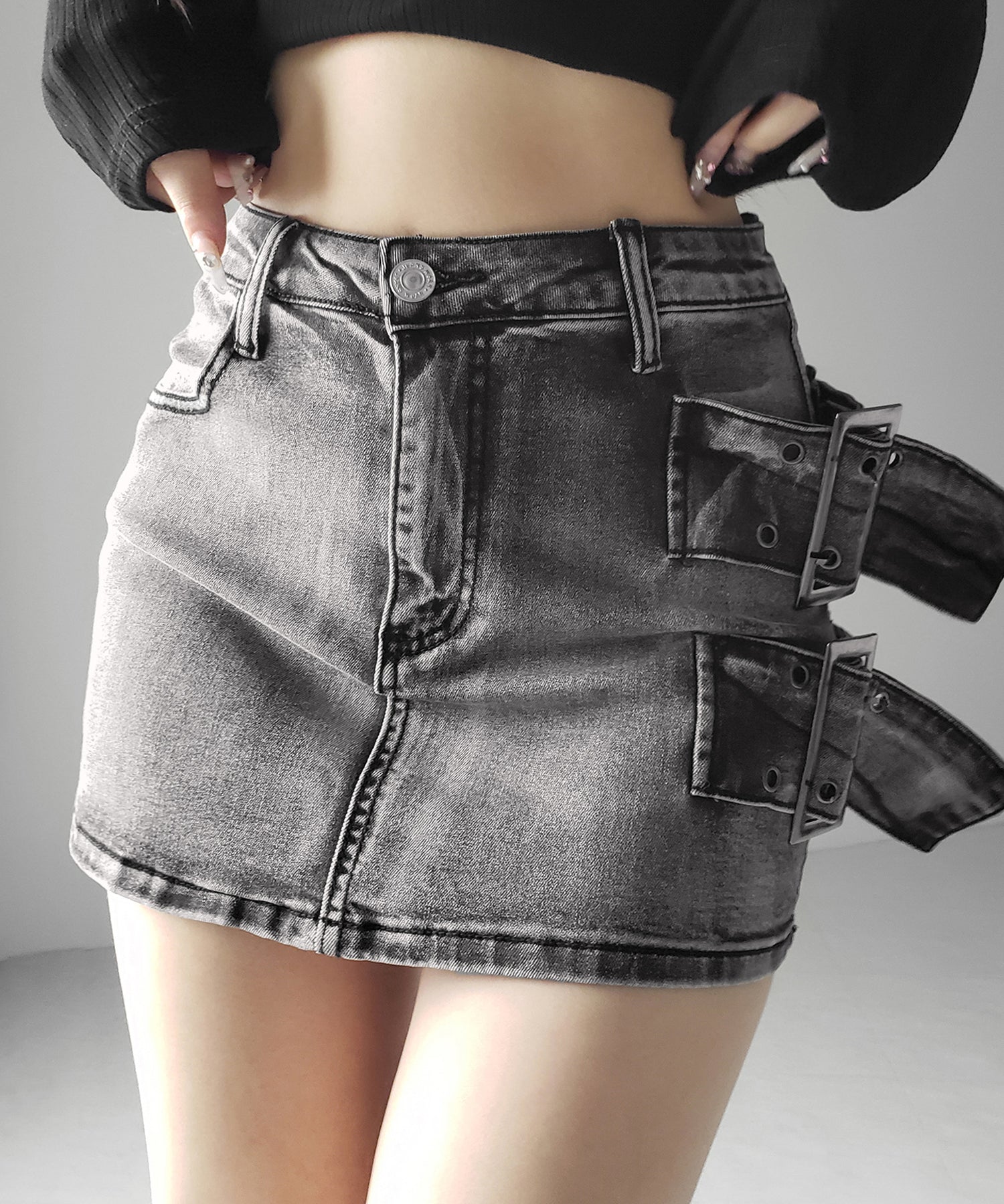 【 インパン裏地付 】ダブルハトメベルトヴィンテージデニムミニスカート / Double eyelet belt vintage denim mini skirt