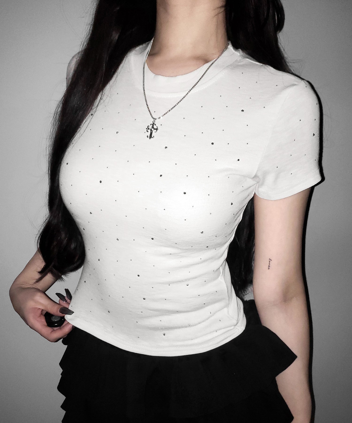 ラインストーン半袖タイトTシャツ / Rhinestone short sleeve tight T-shirt