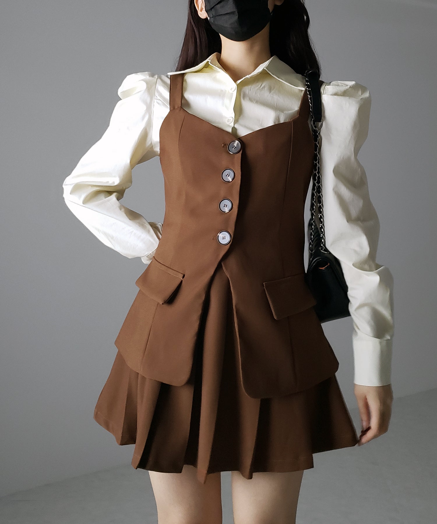 【 3点セットアップ 】ショートシャツ&プリーツミニスカート&キャミビスチェ SET