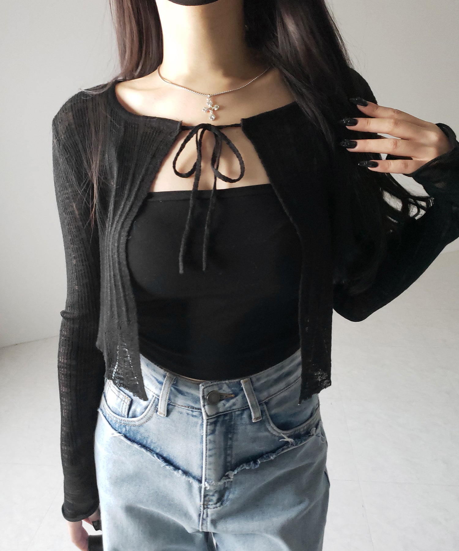 【 2color 】フロントリボンシアーニットショートカーディガン / front ribbon sheer knit short cardigan