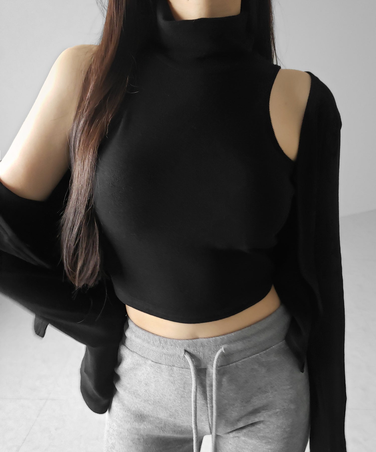 【 裏微起毛 / 2点セット 】ハイネックノースリーブトップス + ショートカーディガン SET / high neck nosleeve tops + short cardigan SET