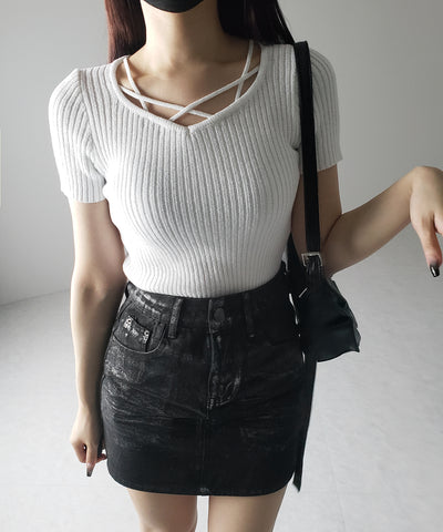 半袖クロスラインストラップデザインリブニット