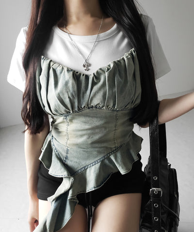 【 2点セット 】ヴィンテージデニムビスチェ & 半袖レイヤードTシャツセット / vintage denim bustier & short sleeve layered T-shirts set