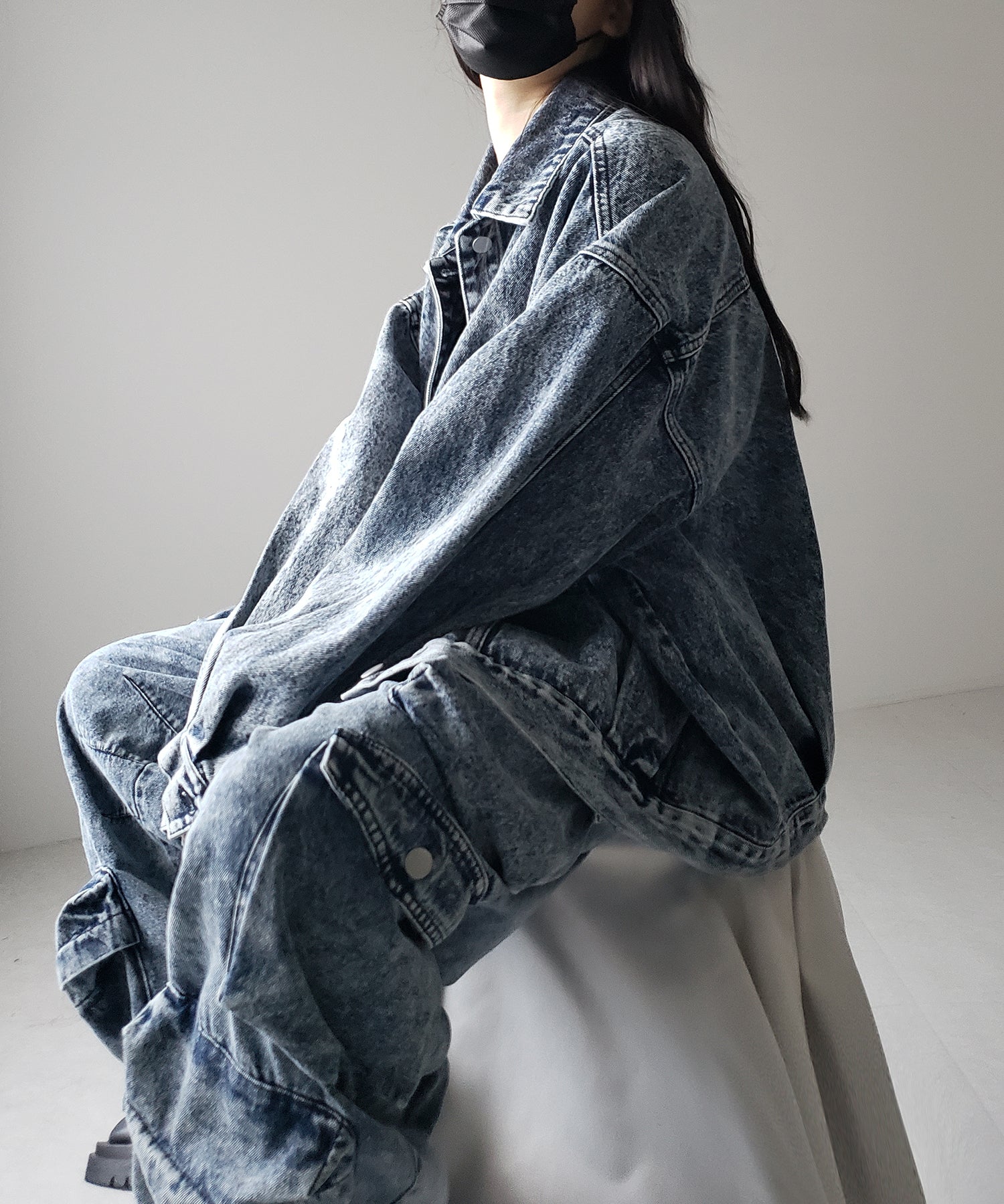 【 デニムセットアップ着用可能 】ヴィンテージケミカルブリーチヘビーワイドカーゴデニム / vintage chemical bleach heavy wide cargo denim