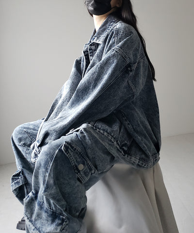 【 デニムセットアップ着用可能 】ヴィンテージケミカルブリーチヘビーワイドカーゴデニム / vintage chemical bleach heavy wide cargo denim