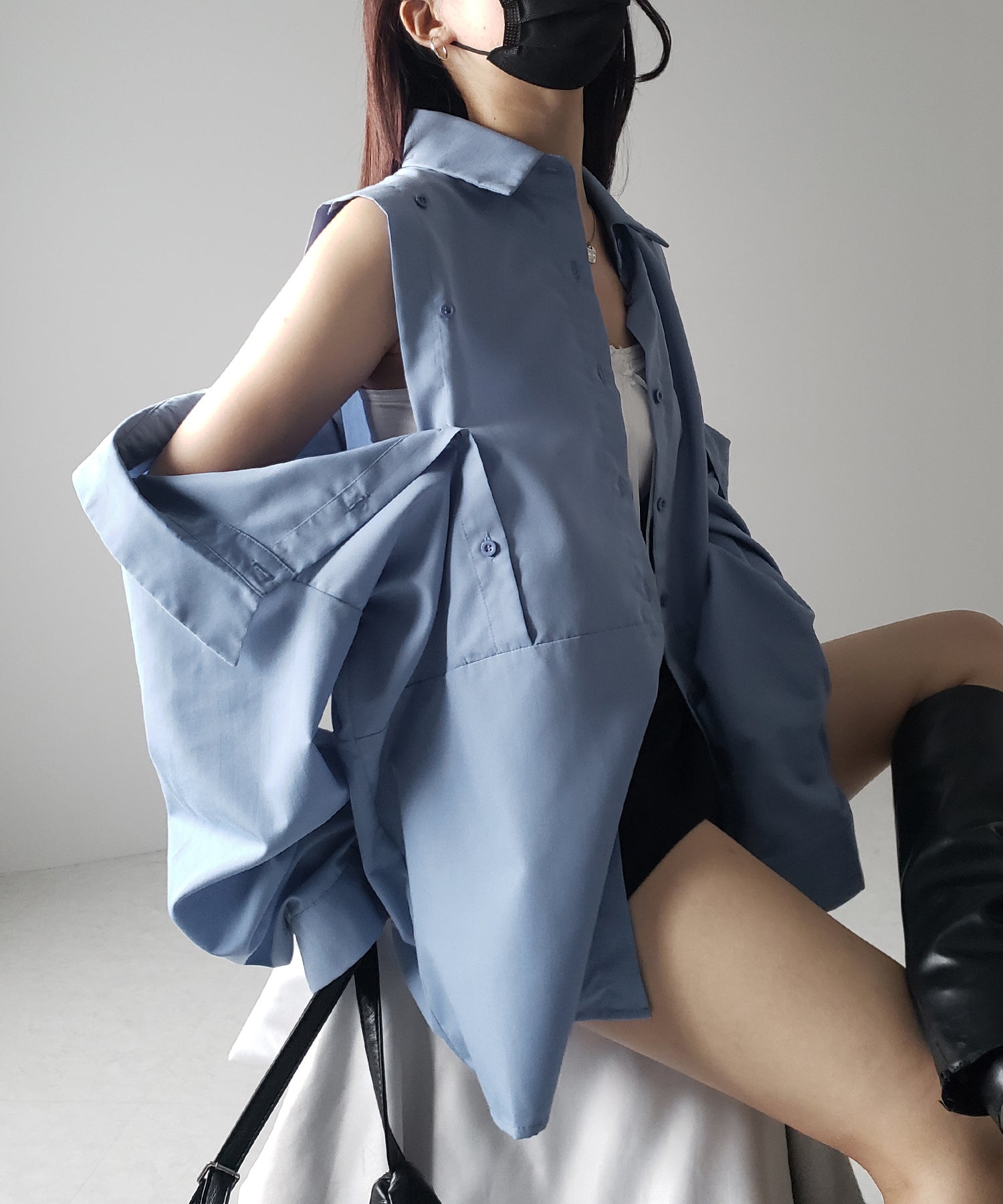 【 3color 】オープンショルダーカットアウトビッグシャツ / open shoulder cutout big shirt
