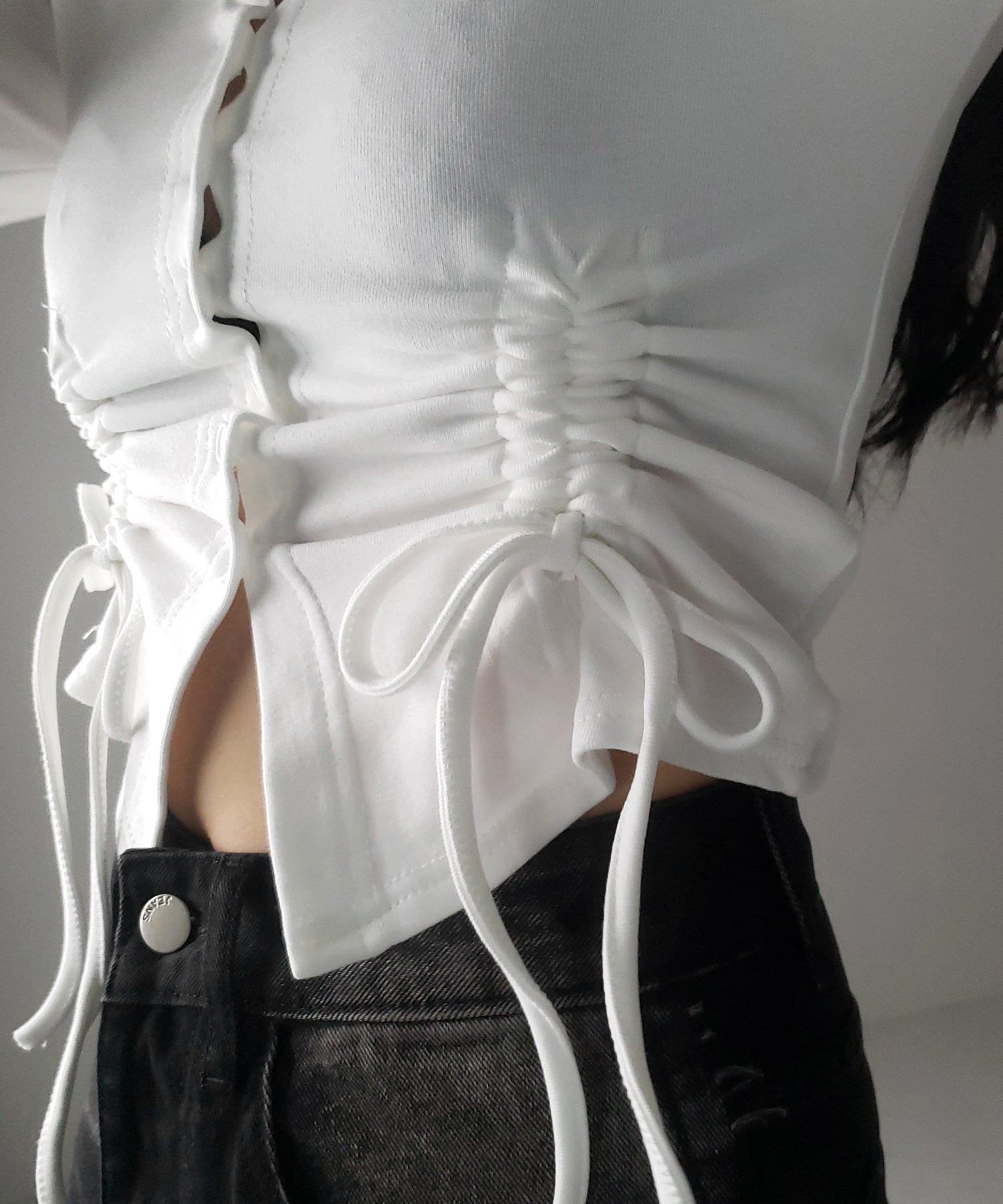 【 2color / 裏起毛 】ナナメストラップダブルシャーリングリボントップス / naname strap double shirring ribbon tops