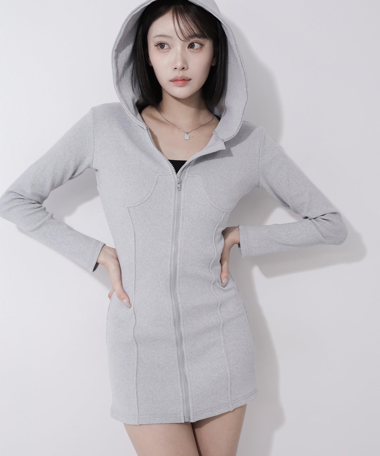 フーディジップアップスリムラインミニワンピース / Hoodie zip up slimline mini onepiece