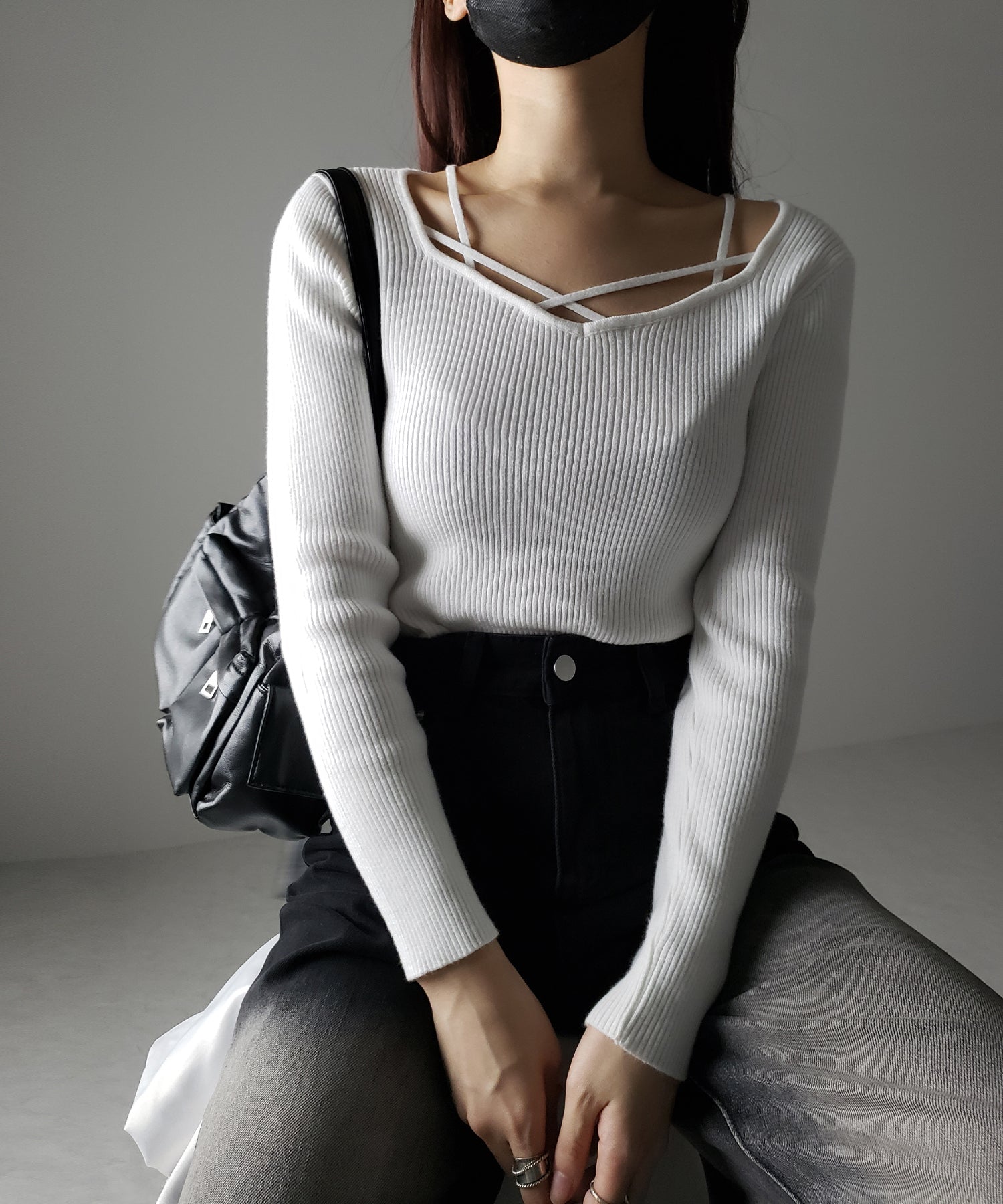 クロスラインストラップデザインリブニット