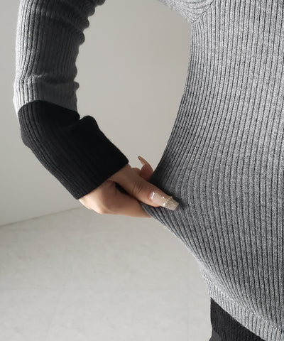 フェイクレイヤードスリムリブニットトップス / Fake layered slim rib knit tops