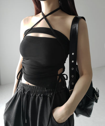 【 カップ付き / 2WAY 】クロスストラップリボンカットアウトショートキャミソール / cross strap ribbon cutout short camisole