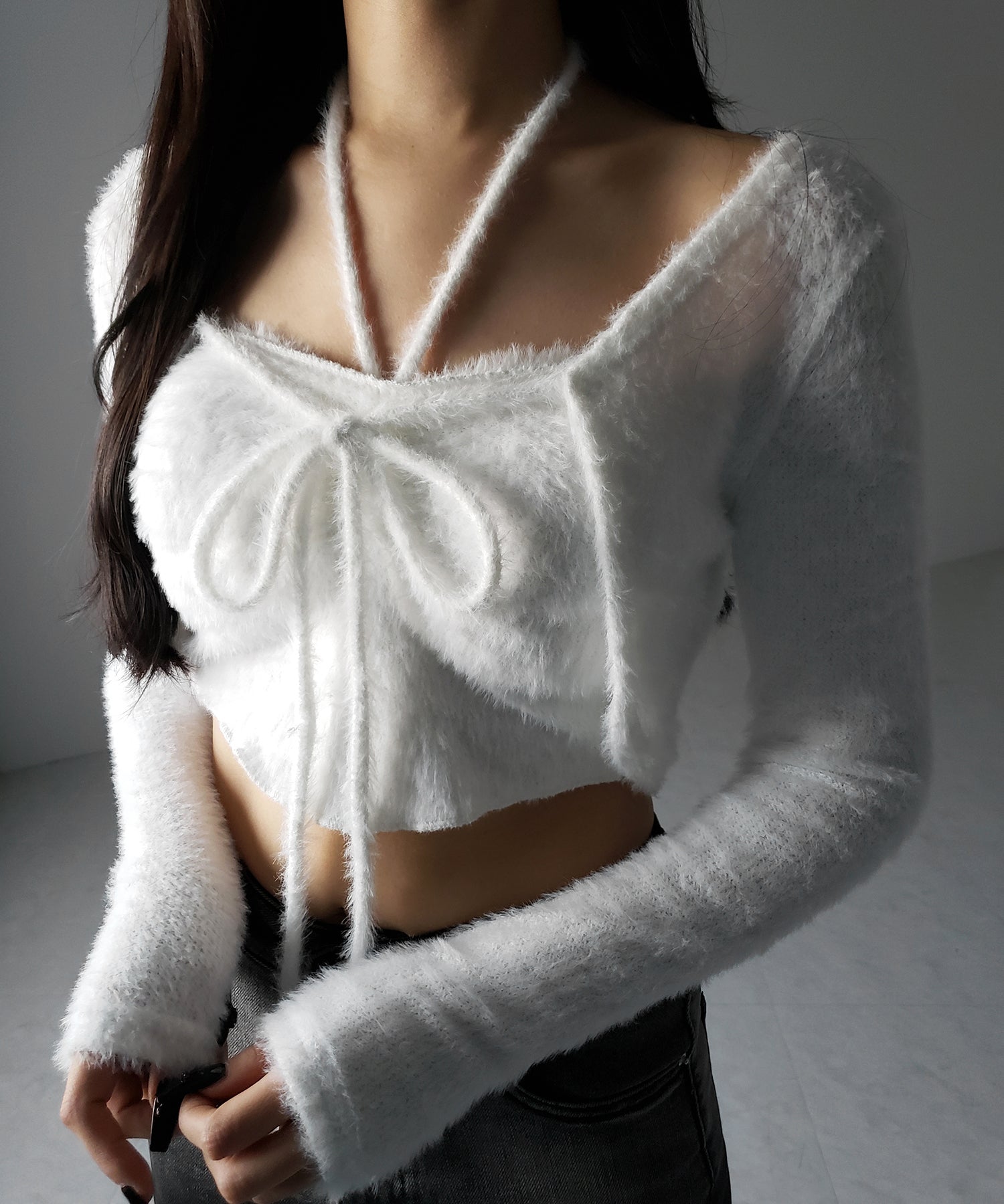 【 2点セット 】シャギーリボンベアトップス & ショートシャギーカーディガン SET / Shaggy ribbon bare tops & short shaggy cardigan
