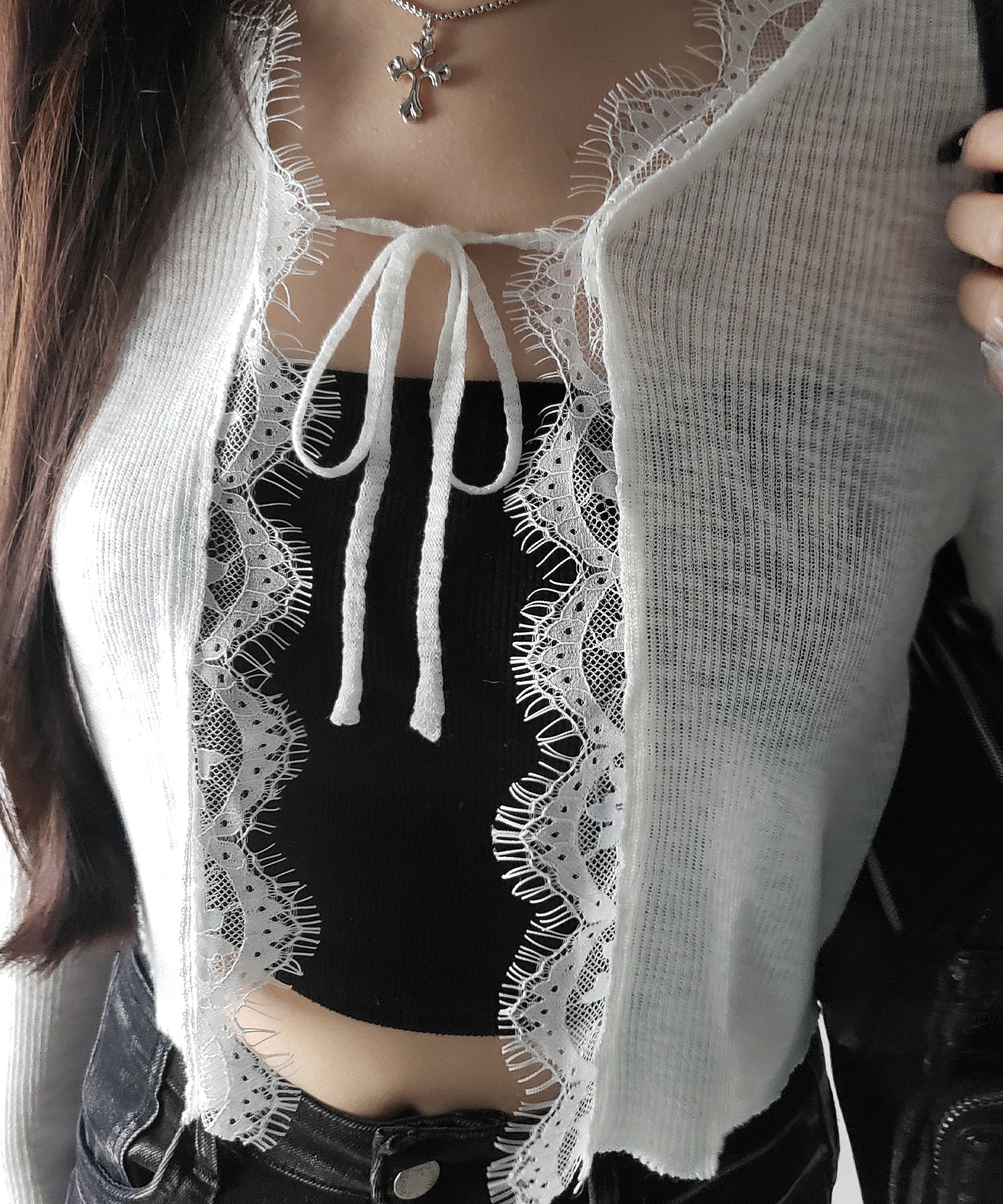 レースドッキングフロントリボンシアーニットカーディガン / lace docking front ribbon sheer knit cardigan