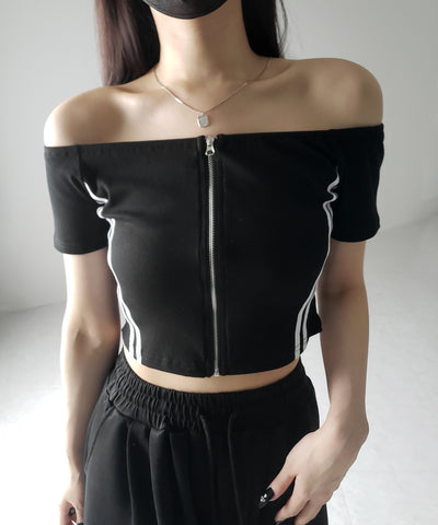 ジップアップオフショルサイドラインTシャツ / zipup off shoulder sideline T-shirt