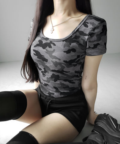 ヴィンテージカモフラスクエアネックショートTシャツ / vintage camouflage square neck short T-shirt