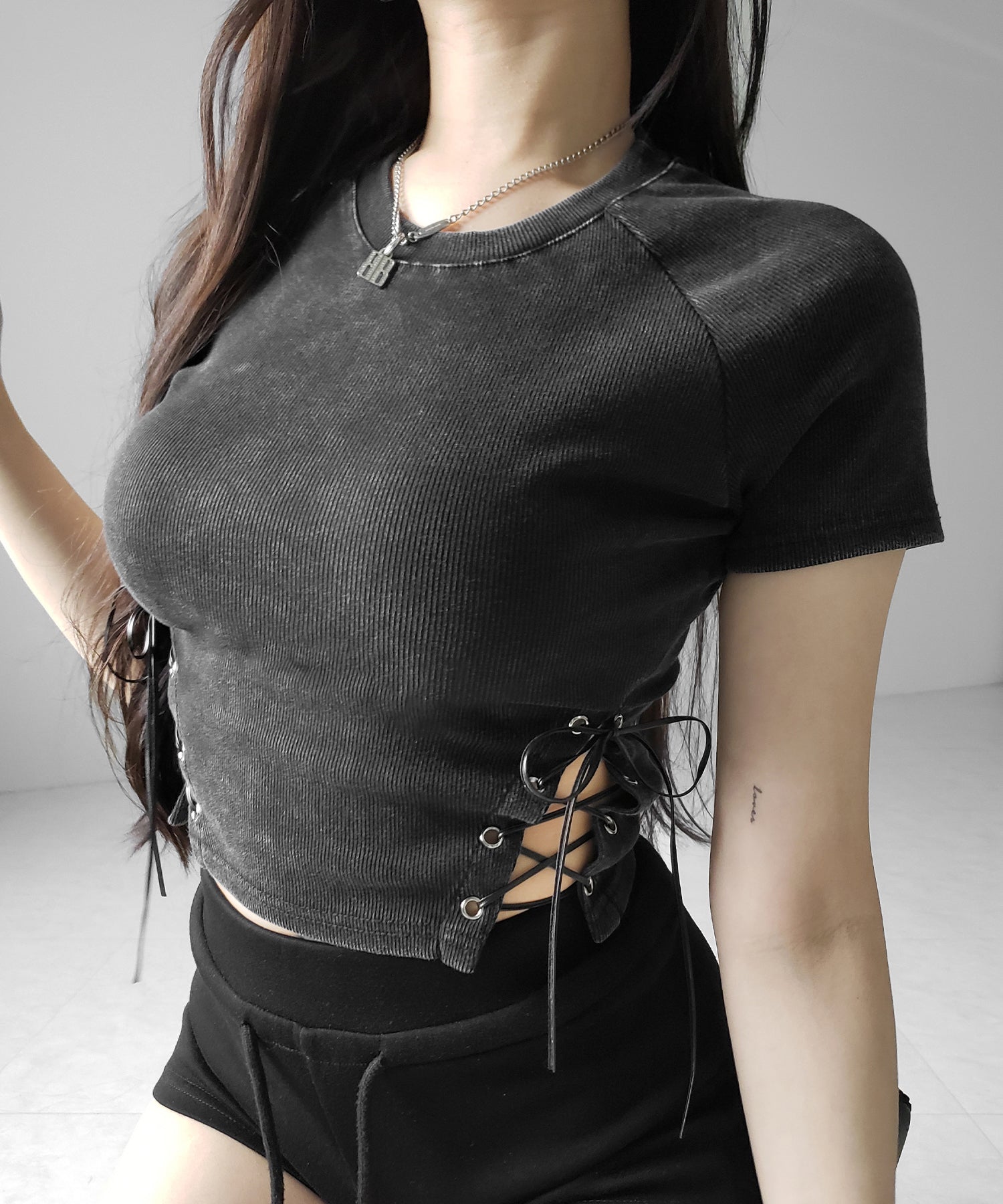 ヴィンテージサイドレースアップカットアウト半袖ショートTシャツ / vintage side lace up cutout short short sleeve T-shirts