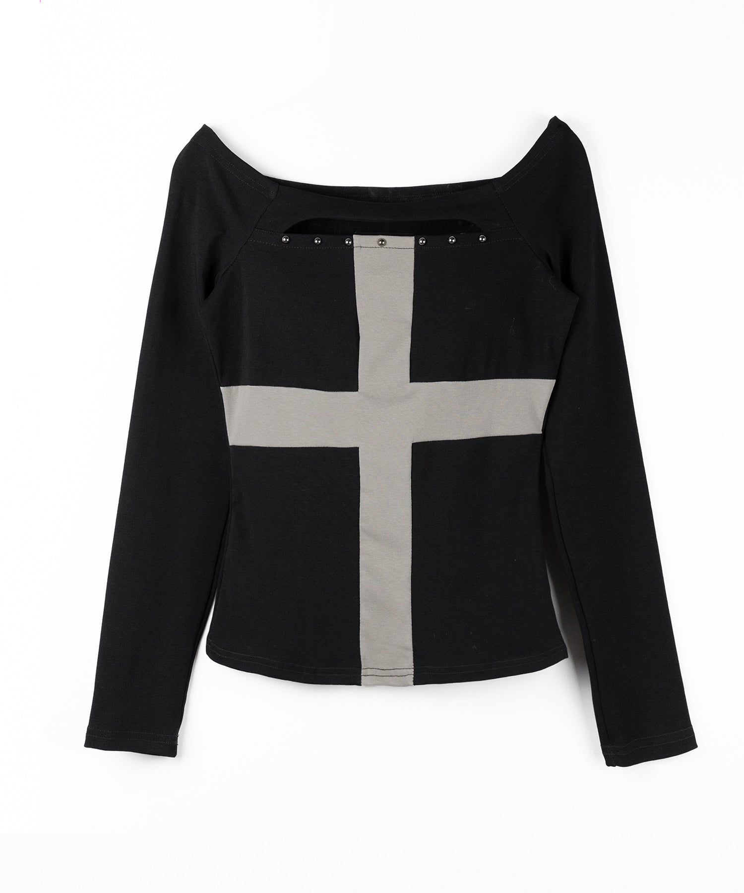 十字架クロスデザインカットアウトオフショルスリムトップス / cross design cutout offshoulder slim tops