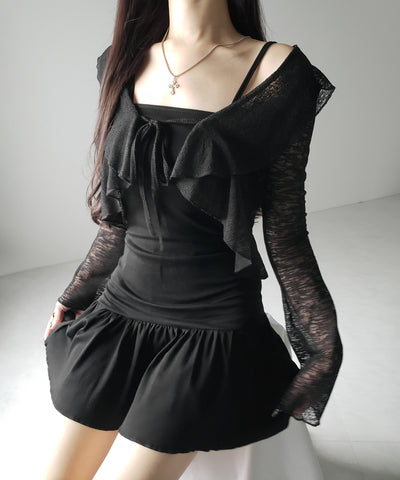 【 2点セット 】フレアキャミワンピ &シアーフリルリボンカーディガン ワンホンセットアップ / flare camisole onepiece & sheer frill ribbon cardigan wanghong SETUP